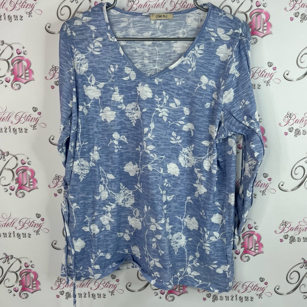 Como blu long sleeve ribbon ties flowers Floral Blue Women's Top